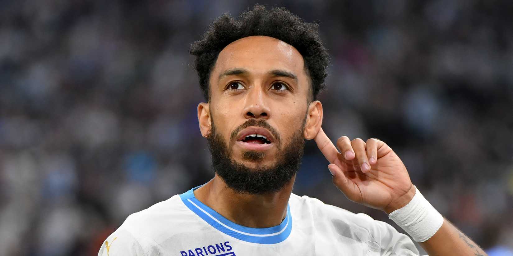 Pierre-Emerick Aubameyang celebrating after scoring for Marseille