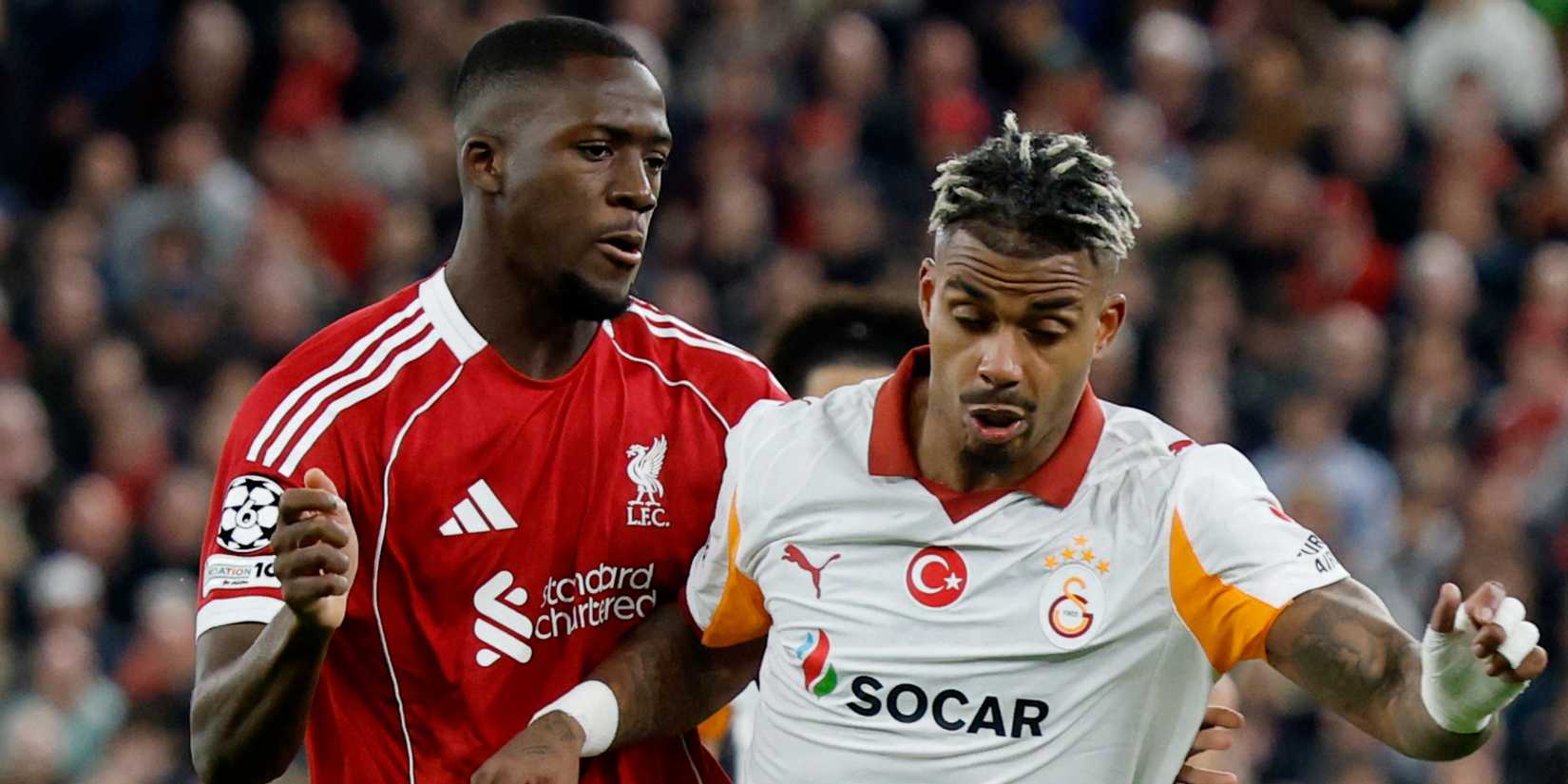 Galatasaray's Mario Lemina in action with Liverpool's Ibrahima Konate