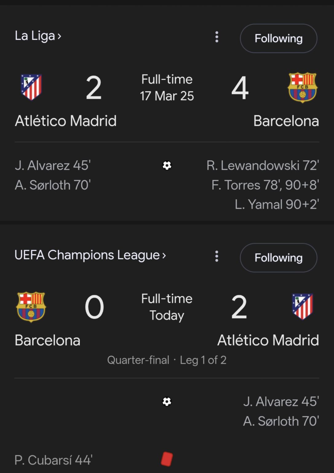 Interestingly enough, when Barca faced Atletico Madrid in La Liga last season, Alvarez and Sorloth scored against Barca at the same exact time in the match as they did yesterday. 45' 70'.