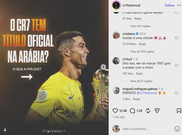 Cristiano Ronaldo sobre dúvida em contabilizar 6 golos em torneio não reconhecido pela FIFA: "Aceitar é uma virtude 🙏👍"