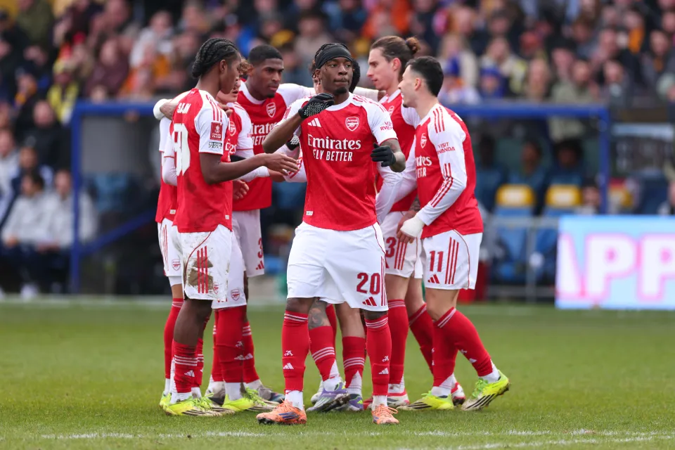 Noni Madueke of Arsenal celebrates scoring their first goal during the Emirates FA Cup Fifth Round match between Mansfield Town and Arsenal