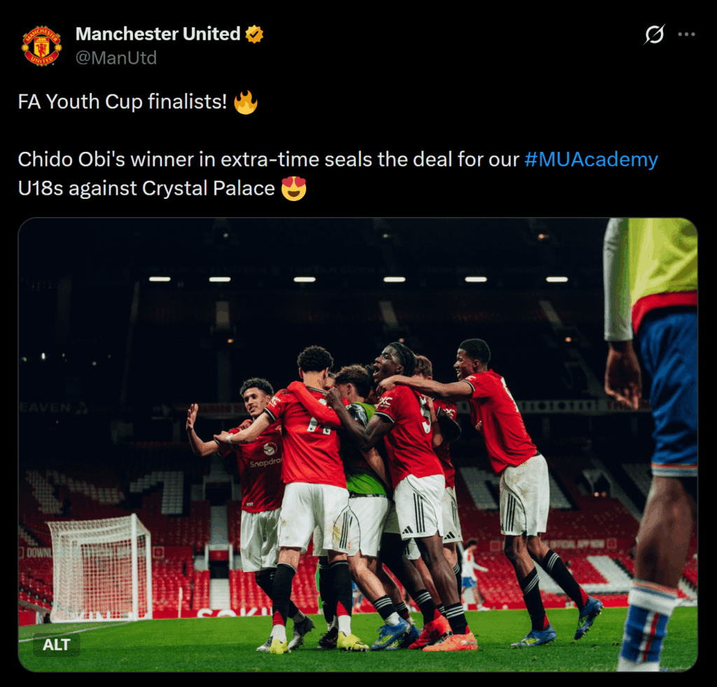 FT, ET: Manchester United 2-1 Crystal Palace. Goals: JJ Gabriel, Chido Obi. United qualify for the FA Youth Cup Final, to play Man City.