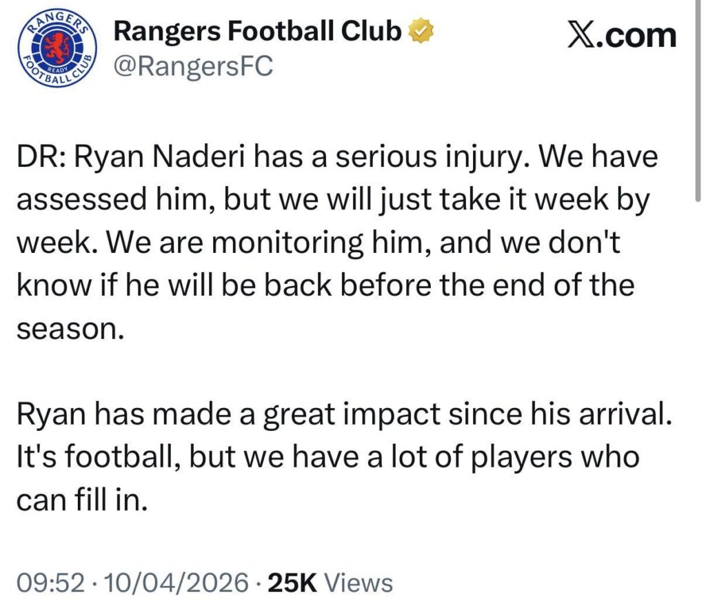 Ryan Naderi out injured with “a serious injury” and unclear whether he will return before the end of the season
