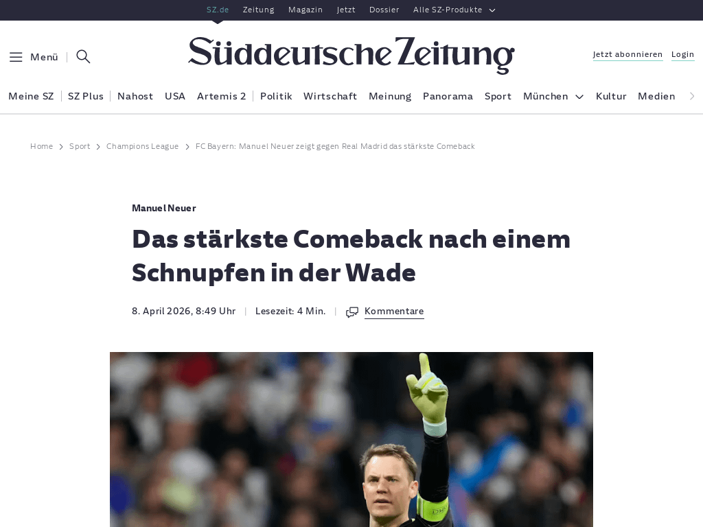 Das stärkste Comeback nach einem Schnupfen in der Wade: Hat hier jemand "40" gesagt? Beim 2:1 in Madrid hechtet, grätscht und fliegt Manuel Neuer wie die 21-jährige Version seiner selbst. Was eine große Frage aufwirft, die der beste deutsche Torwart lieber nicht beantworten möchte