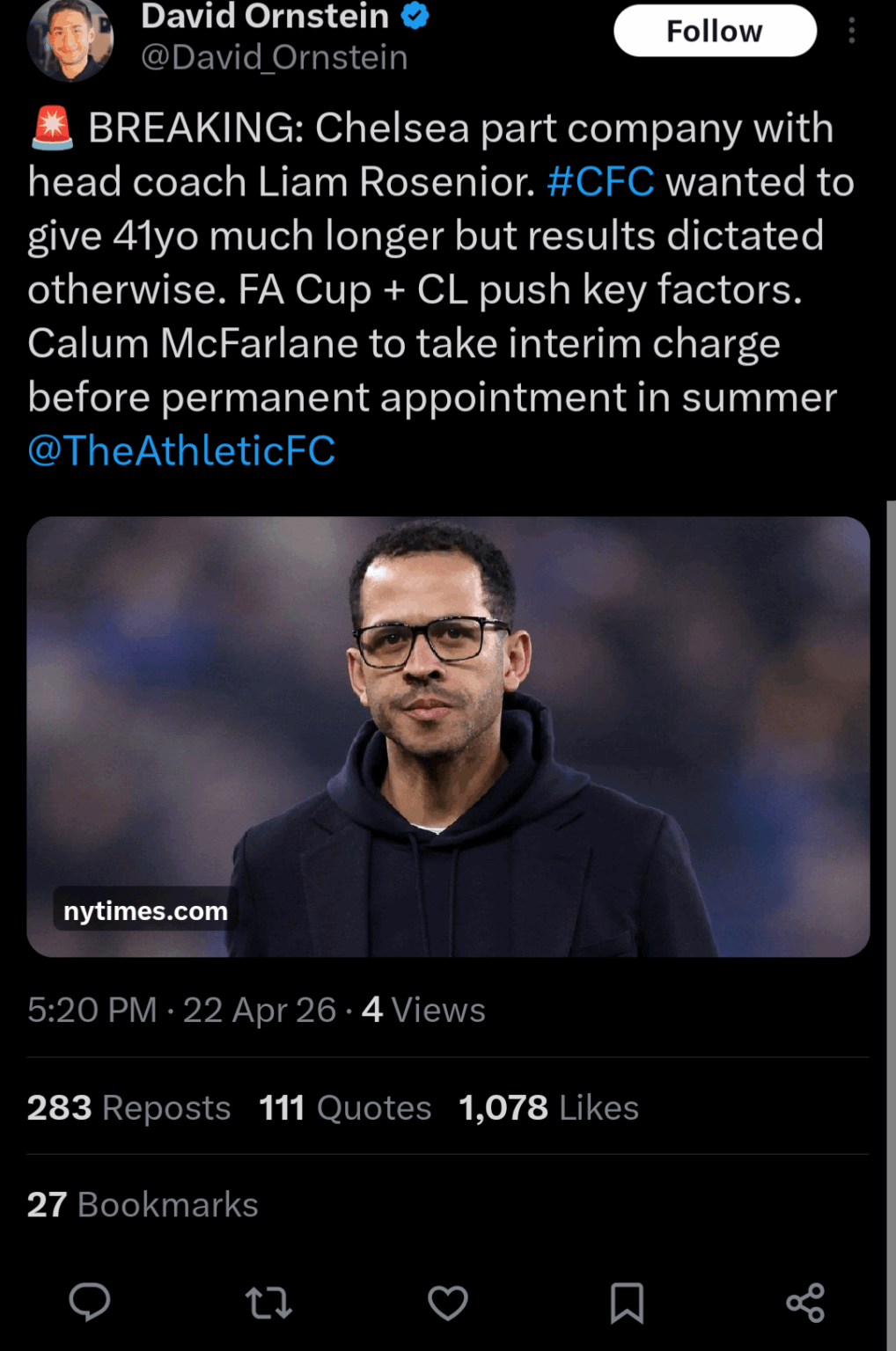 Ornstein: BREAKING: Chelsea part company with head coach Liam Rosenior. #CFC wanted to give 41yo much longer but results dictated otherwise. FA Cup + CL push key factors. Calum McFarlane to take interim charge before permanent appointment in summer @TheAthleticFC