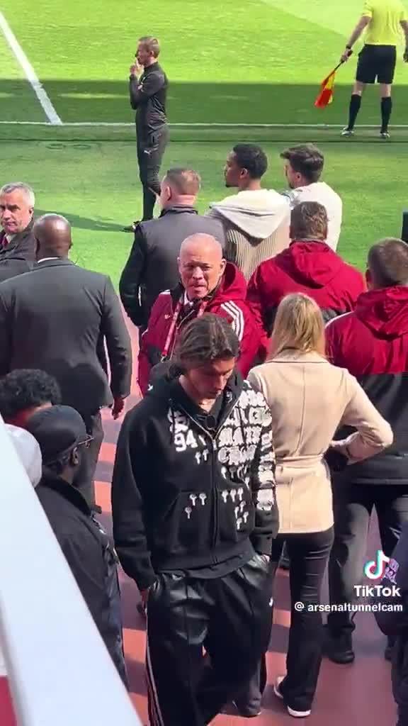 Riccardo Calafiori & Jurrien Timber pitchside at full-time as Arsenal lost to Bournemouth.