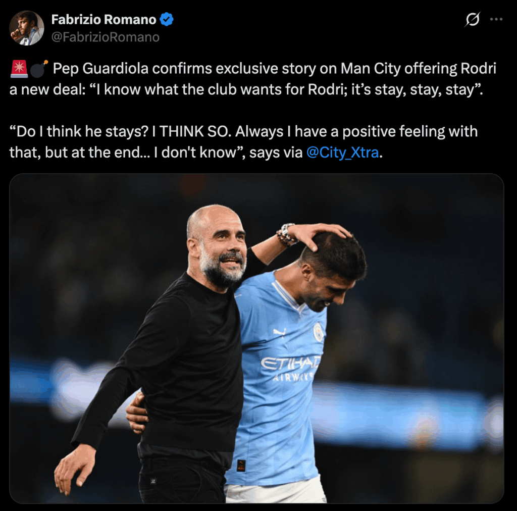 [Fabrizio Romano] 🚨💣 Pep Guardiola on Rodri's potential move to Real Madrid.