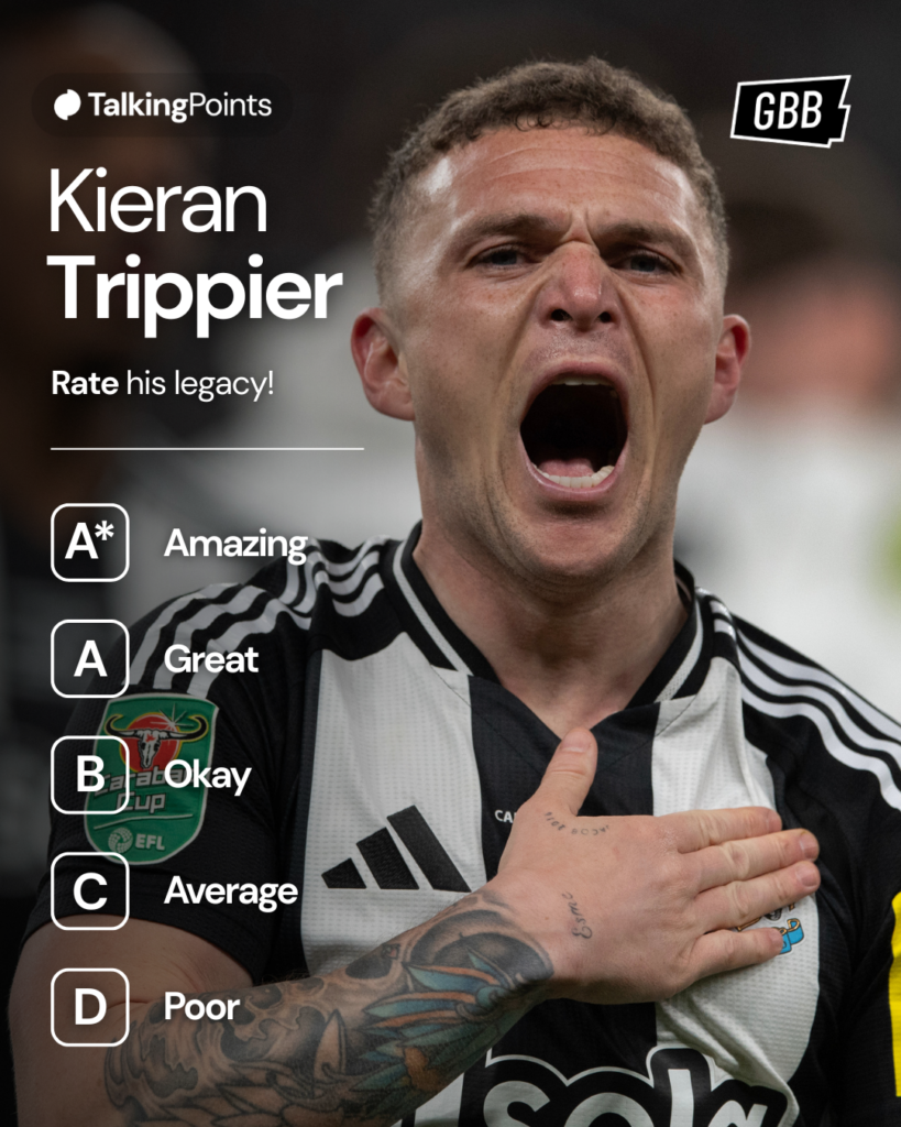 A graphic asking Newcastle United fans to rate Kieran Trippier's legacy at the club betwen A* and D.