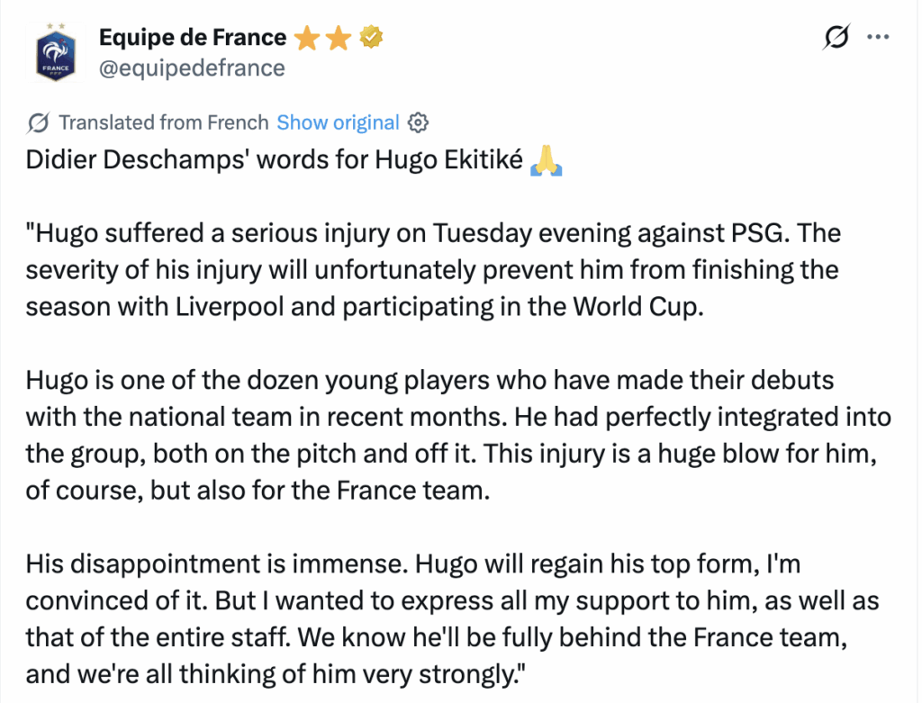 [Equipe de France] Didier Deschamps' words for Hugo Ekitike