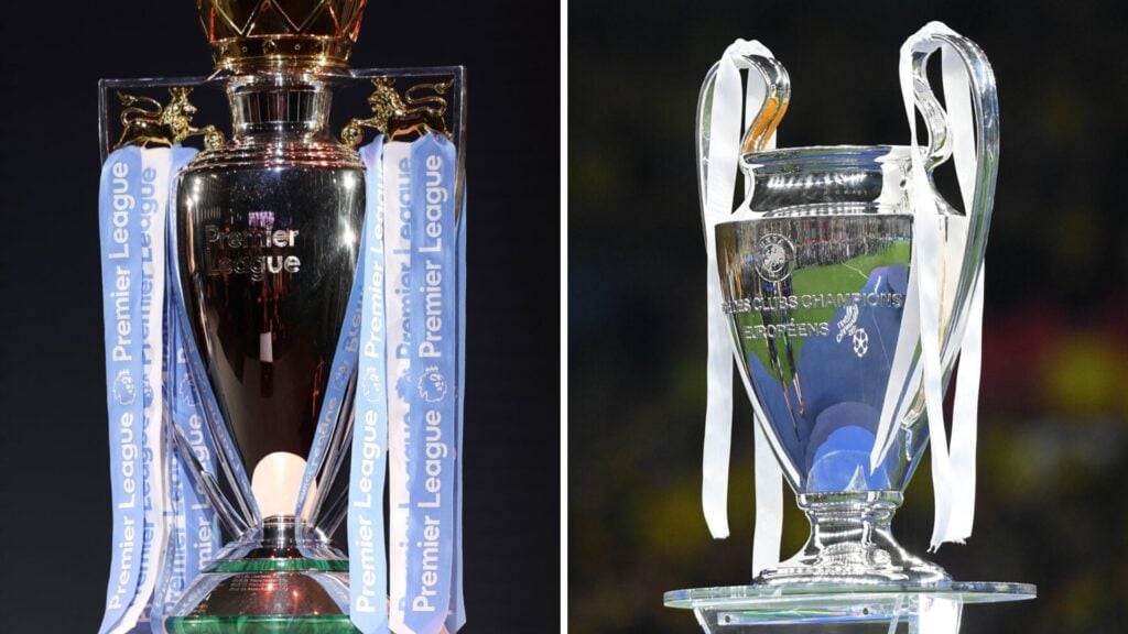 Split image of (L) the Premier League title and (R) Champions League title