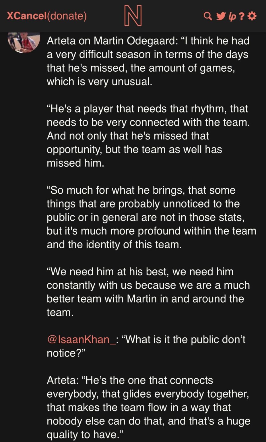 [Connor Humm] Arteta on Ødegaard’s season & injuries