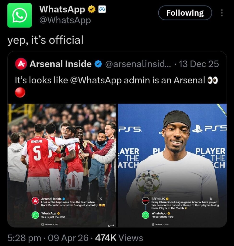 Between Arsenal Fan and WhatsApp 🤝