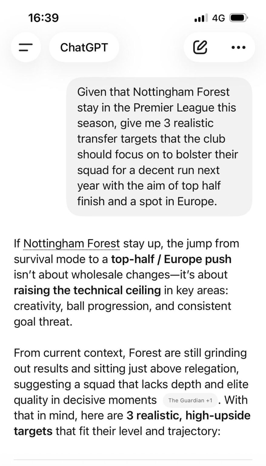 For a laugh I asked ChatGPT to recommend some transfer targets…. I think this is how they do it at Forest for real