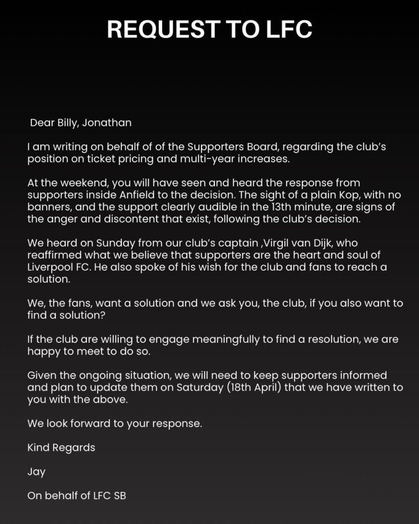 Email from the Supporters’ Board and Response from the Club