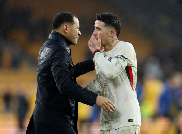 Soccer Football - Premier League - Wolverhampton Wanderers v Chelsea - Molineux Stadium, Wolverhampton, Britain - February 7, 2026 Chelsea manager Liam Rosenior and Enzo Fernandez celebrate after the match Action Images via Reuters/Andrew Boyers EDITORIAL USE ONLY. NO USE WITH UNAUTHORIZED AUDIO, VIDEO, DATA, FIXTURE LISTS, CLUB/LEAGUE LOGOS OR 'LIVE' SERVICES. ONLINE IN-MATCH USE LIMITED TO 120 IMAGES, NO VIDEO EMULATION. NO USE IN BETTING, GAMES OR SINGLE CLUB/LEAGUE/PLAYER PUBLICATIONS. PLEASE CONTACT YOUR ACCOUNT REPRESENTATIVE FOR FURTHER DETAILS..