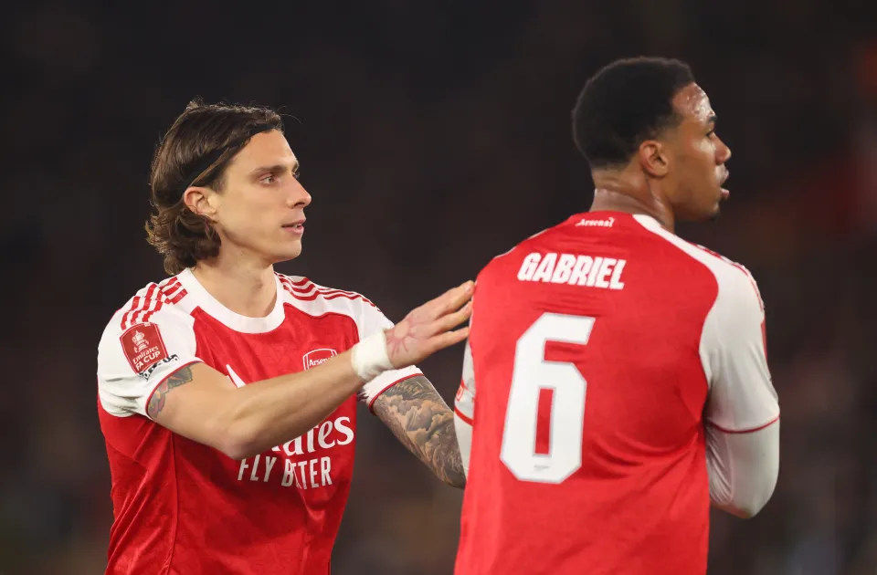 Riccardo Calafiori of Arsenal with Gabriel Magalhaes during the Emirates FA Cup Quarter Final match between Southampton and Arsenal