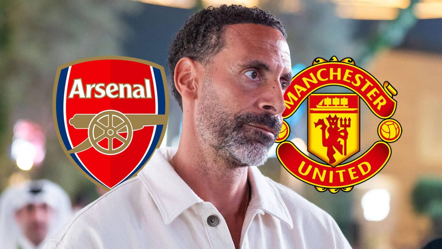 Rio Ferdinand with Arsenal and Man Utd badges