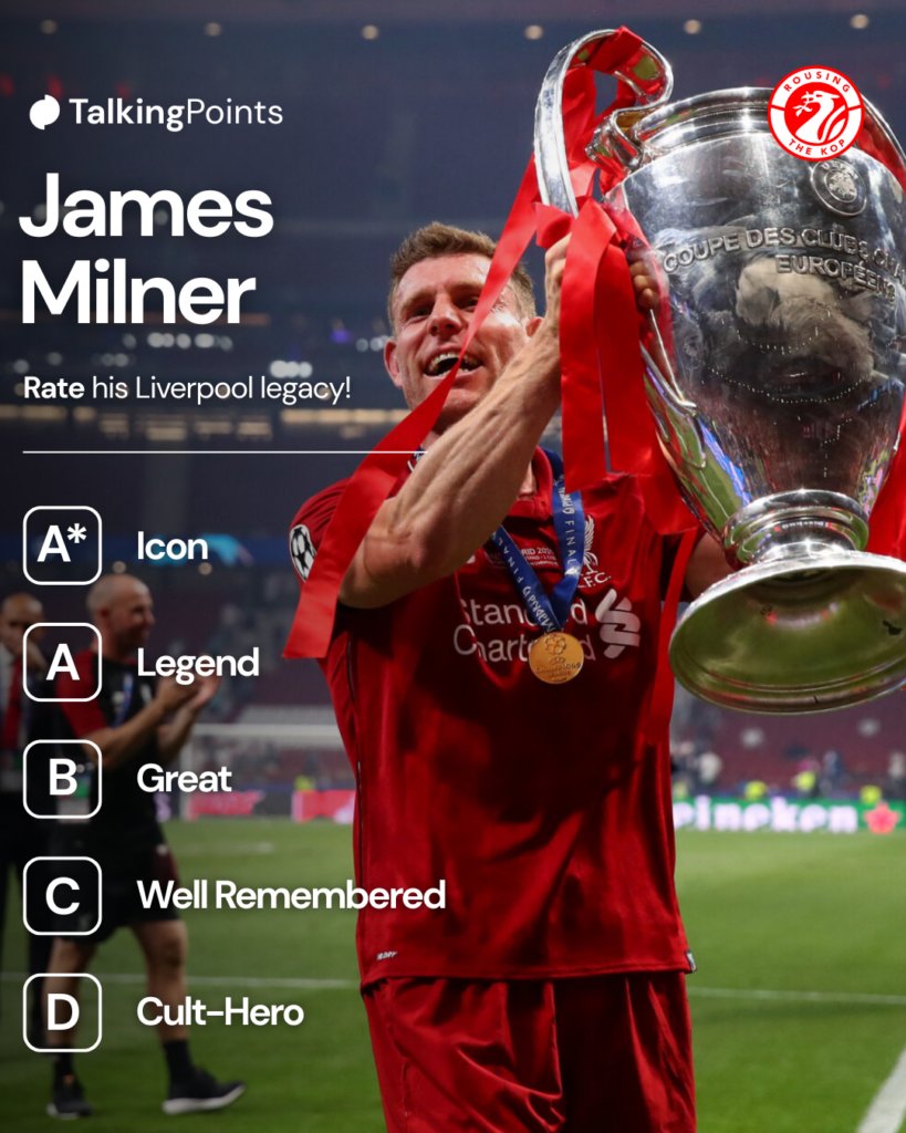 
James Milner lifts the Champions League trophy in front of the Liverpool fans at the Estadio Wanda Metropolitano in Madrid (Credit: Getty Images/Robbie Jay Barratt - AMA).