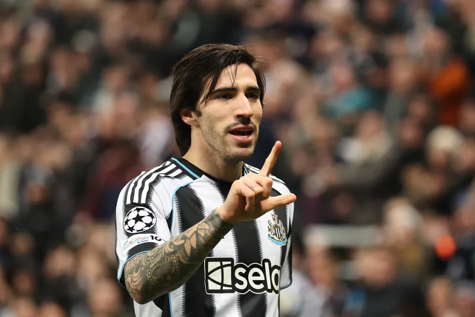Sandro Tonali of Newcastle United celebrates scoring his team's first goal during the UEFA Champions League 2025/26 League Knockout Play-off Second Leg match between Newcastle United FC and Qarabag