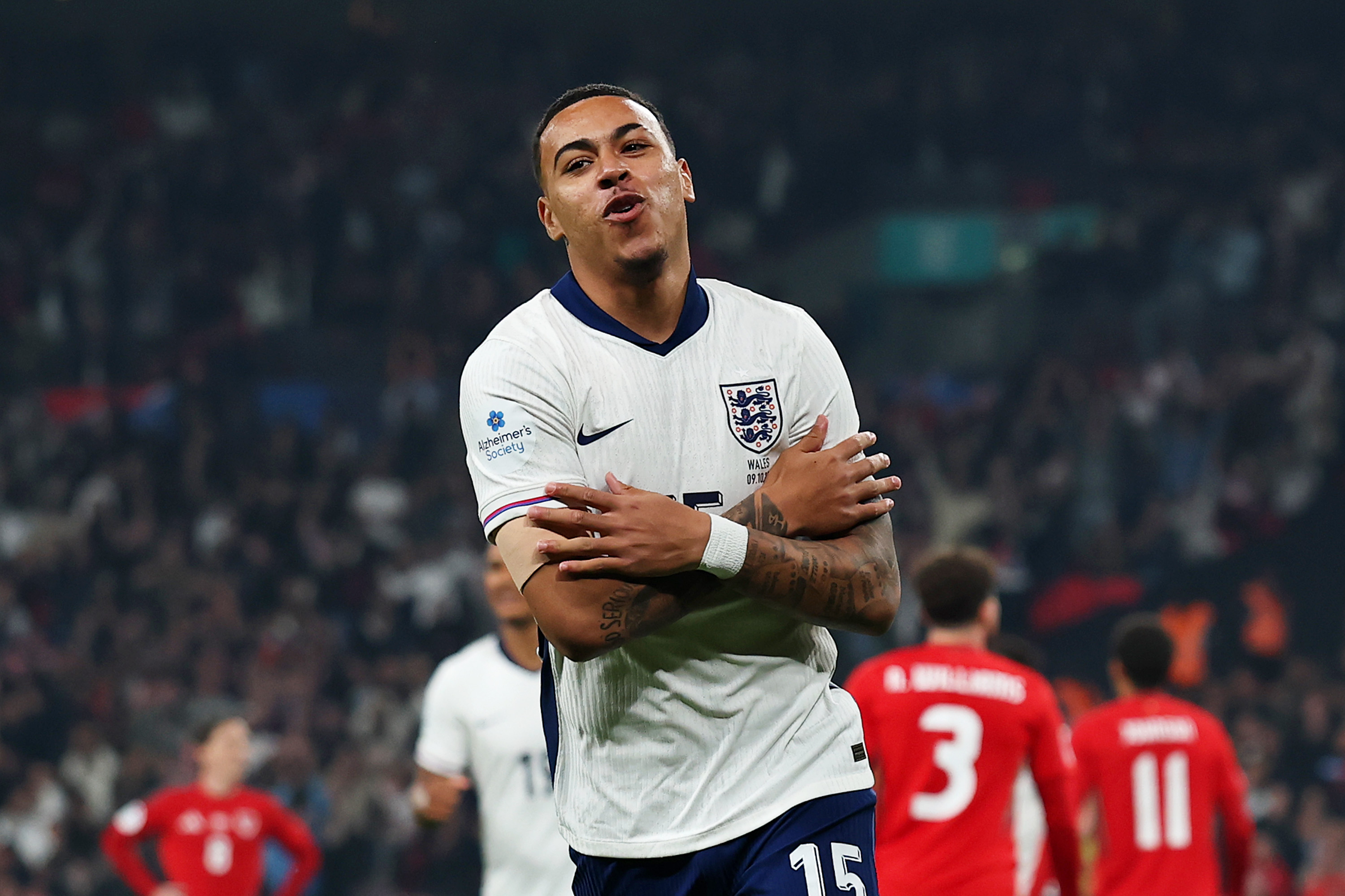 LONDON, ENGLAND - OCTOBER 09: Morgan Rogers of England celebrates scoring his team's first goal during the International Friendly between England and Wales at Wembley Stadium on October 09, 2025 in London, England. (Photo by Eddie Keogh - The FA/The FA via Getty Images)