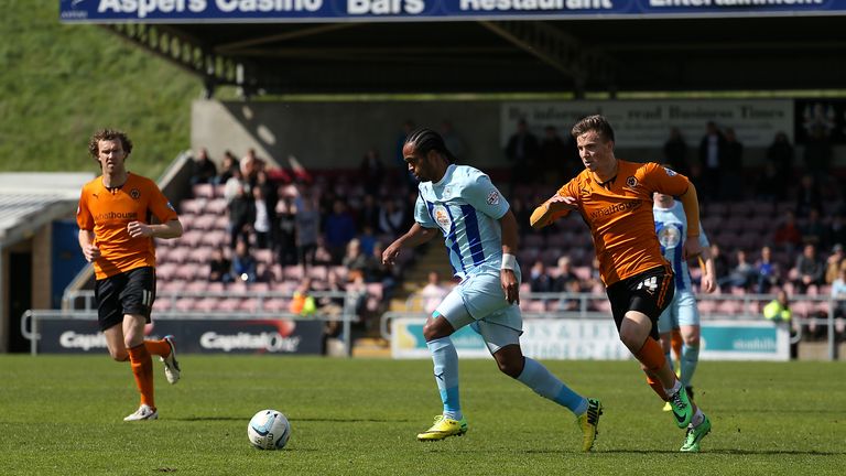 during the Sky Bet League One match at Sixfields Stadium, Northampton. PRESS ASSOCIATION Photo. Picture date: Saturday April 26, 2014. See PA Story SOCCER Coventry. Photo credit should read: Stephen Pond/PA Wire. RESTRICTIONS: Editorial use only. Maximum 45 images during a match. No video emulation or promotion as 'live'. No use in games, competitions, merchandise, betting or single club/player services. No use with unofficial audio, video, data, fixtures or club/league logos.