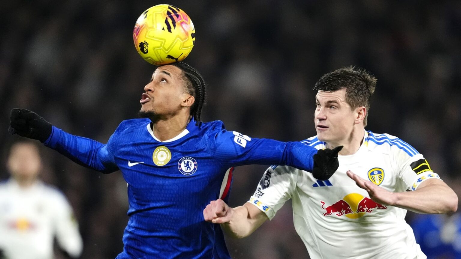 Jaka Bijol battles with Joao Pedro for the ball