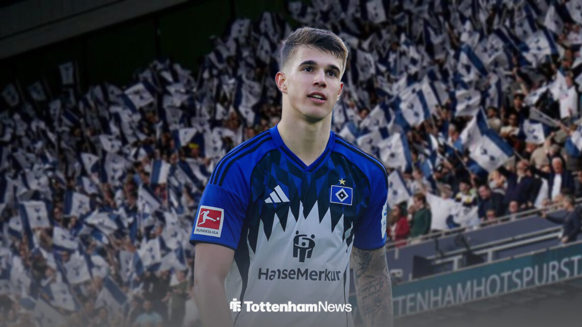 Luka Vuskovic in action for Hamburg, with Tottenham Hotspur Stadium in the background