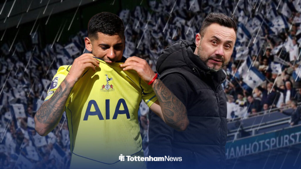 Cristian Romero with his shirt on his face alongside Roberto De Zerbi ahead of Tottenham Hotspur Stadium