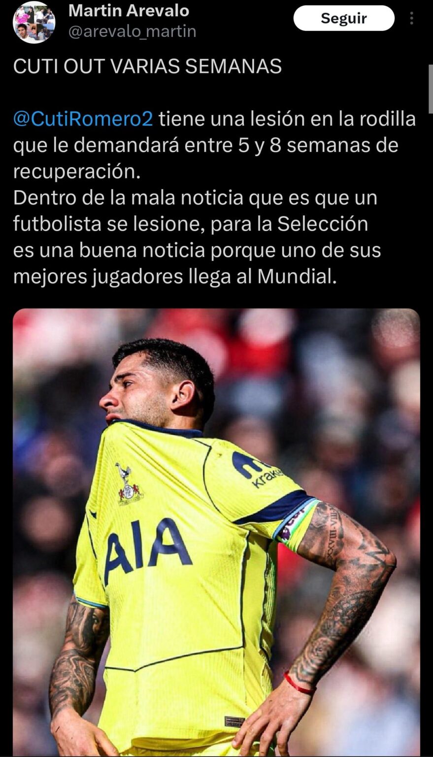 Martin Arévalo [ESPN Argentina] says Romero will be out for 5 to 8 weeks