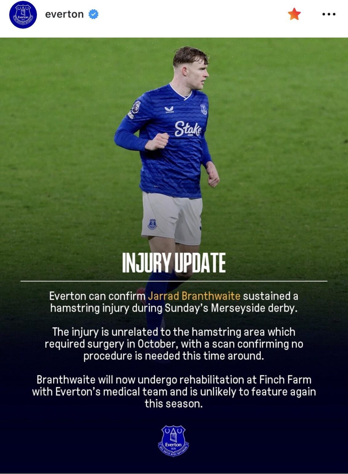 Good news on Branthwaite - unrelated to previous injury and no surgery required