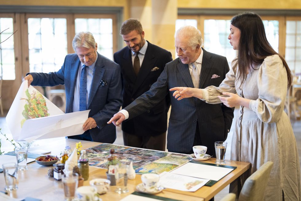 The King points at elements of the design as he stands with Alan Titchmarsh and Sir David Beckham looking at the plans