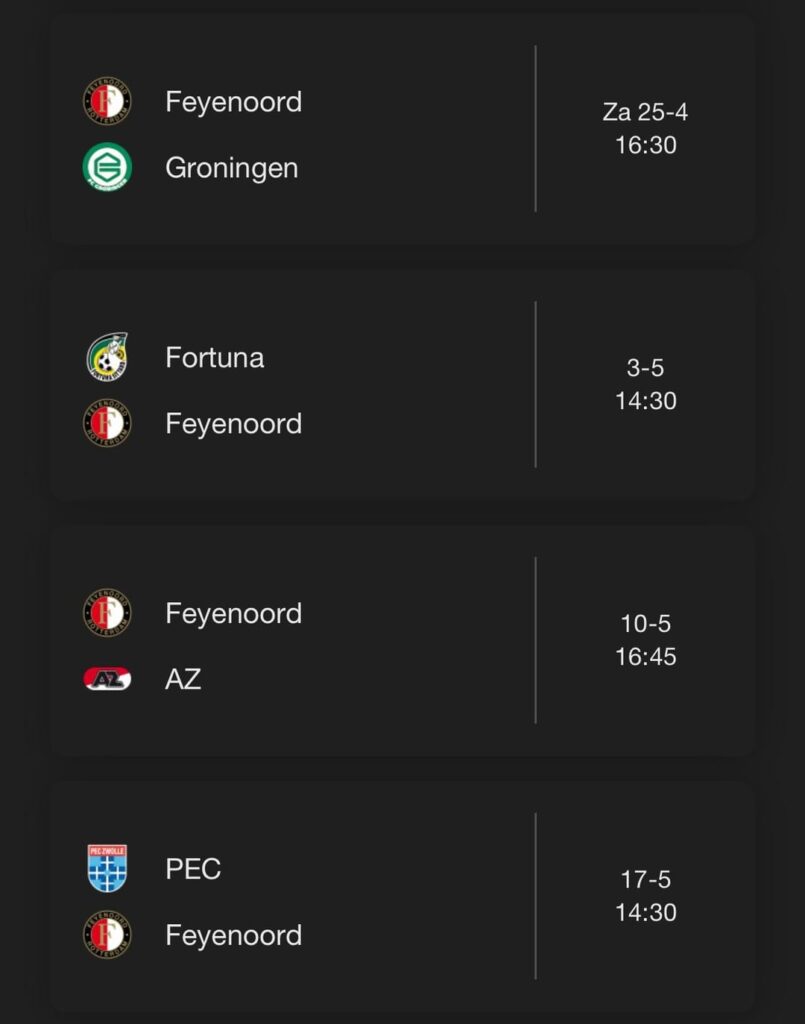 Resterend programma Feyenoord, NEC, Twente en Ajax