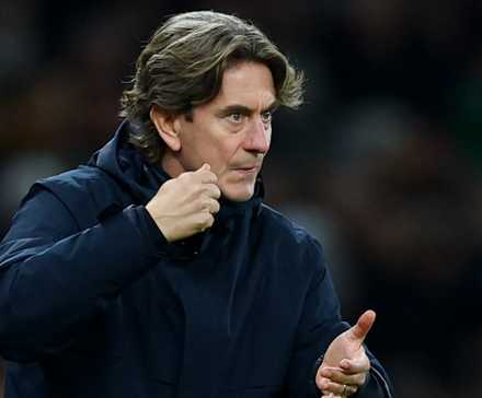 Tottenham Hotspur manager Thomas Frank reacts 