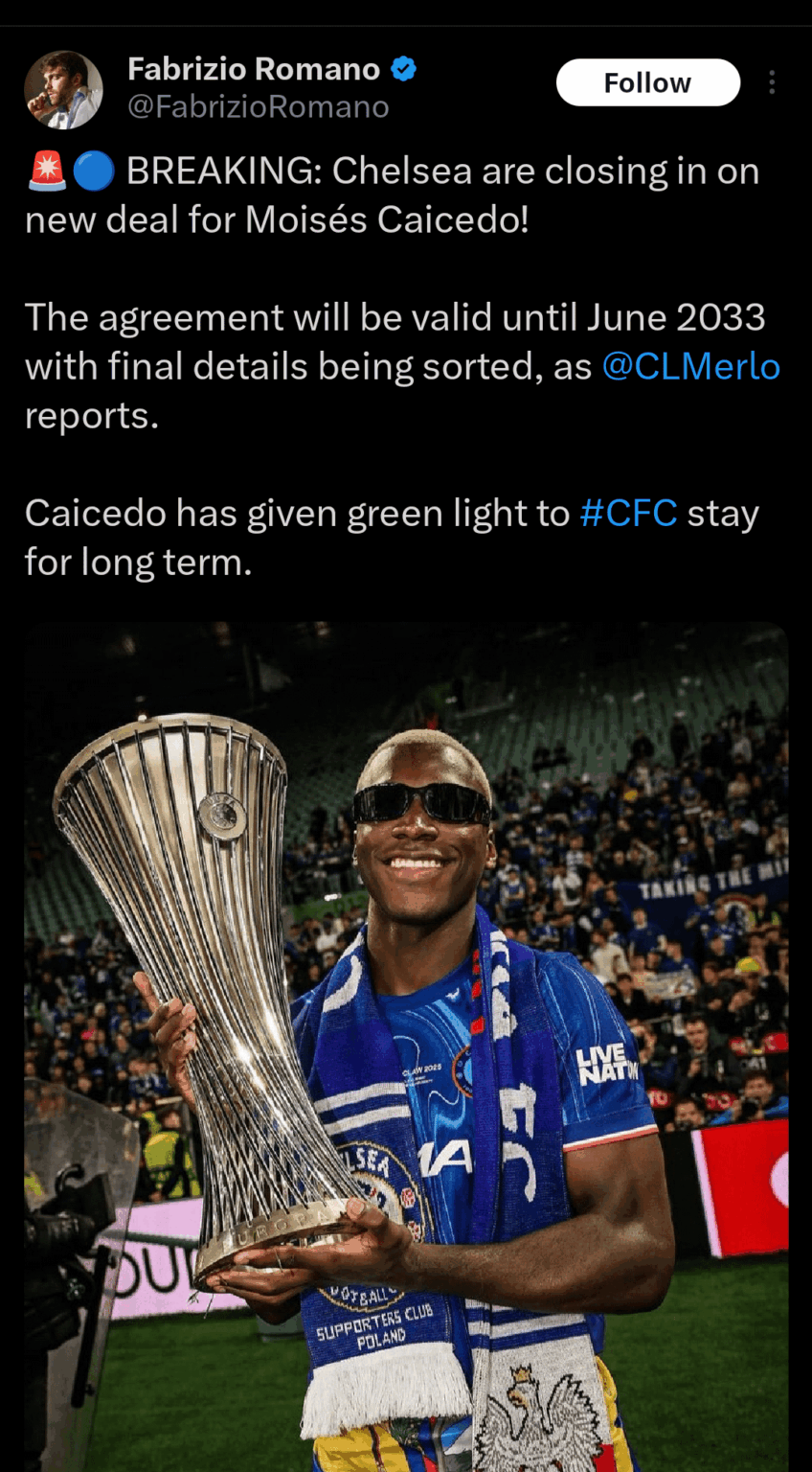 Fabrizio: Caicedo's new agreement will be valid until June 2033 with final details being sorted, as @CLMerlo reports. Caicedo has given green light to #CFC stay for long term.
