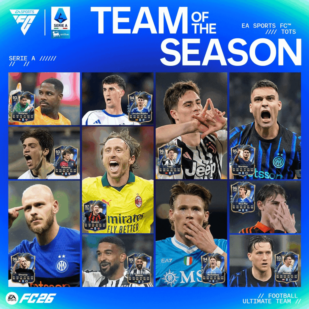 Serie A Team of the Season: Maignan, Dimarco, Ramon, Bremer, Palestra, Modric, Yildiz, McTominay, Zielinski, Paz, Martinez. Other additional players: Ndicka, Rabiot, Perrone, Akanji, Hojlund, Vlasic, Svilar, Douvakis, McKennie, Wesley, Davis, Locatelli, Pavlovic, Saelemaekers, Esposito