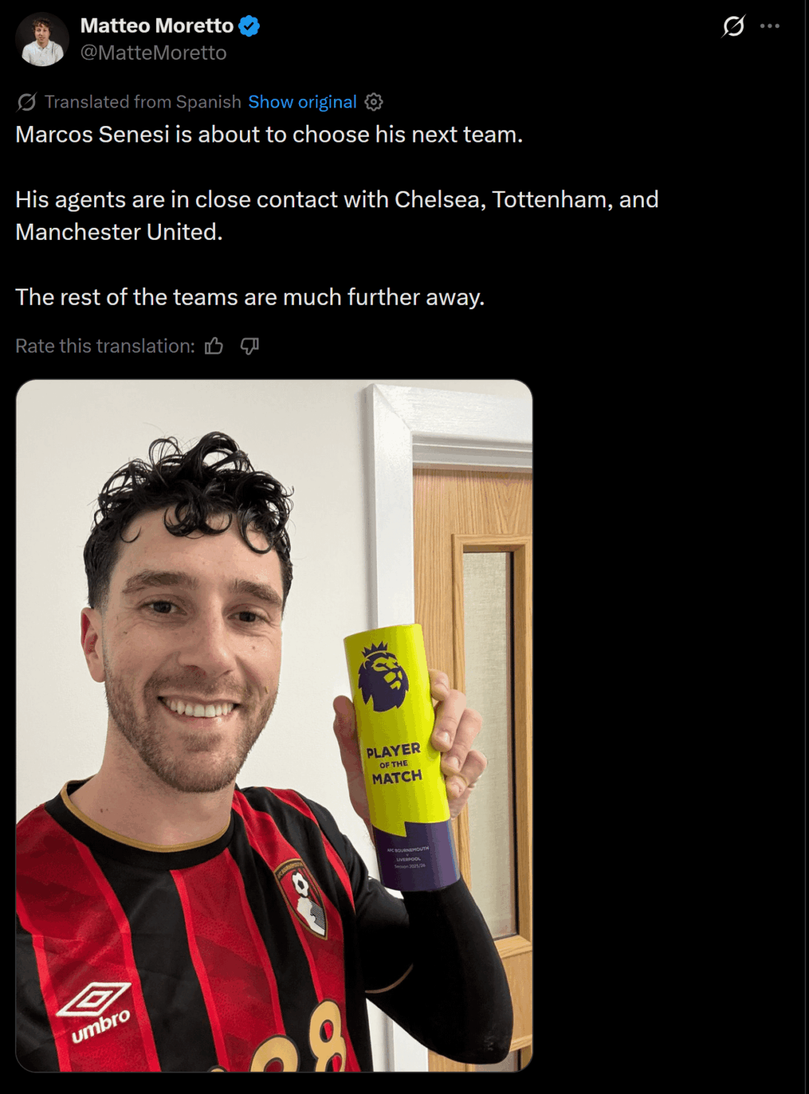 [Matteo Moretto] Marcos Senesi is about to choose his next team.

His agents are in close contact with Chelsea, Tottenham, and Manchester United.

The rest of the teams are much further away.