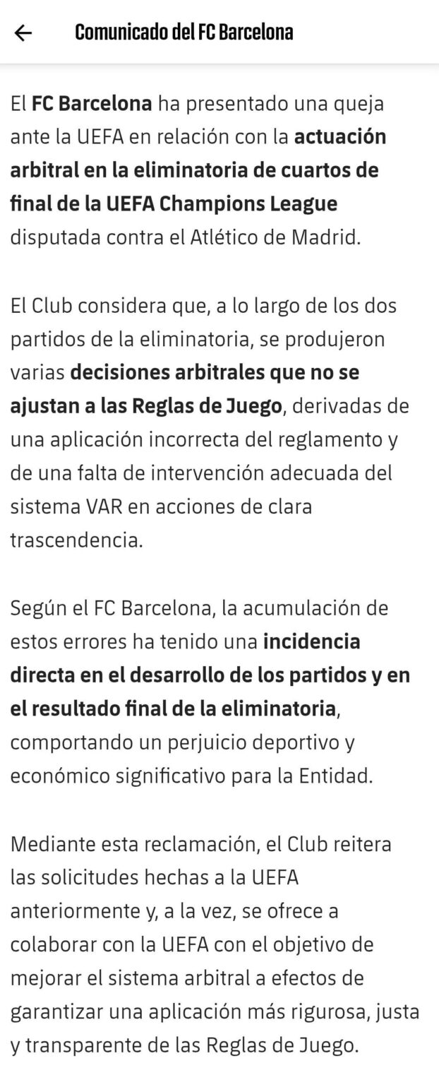 Barça has complained to UEFA officially about the refereeing decisions made in the UCL QFs against Atleti. What are you guys' thoughts on this?