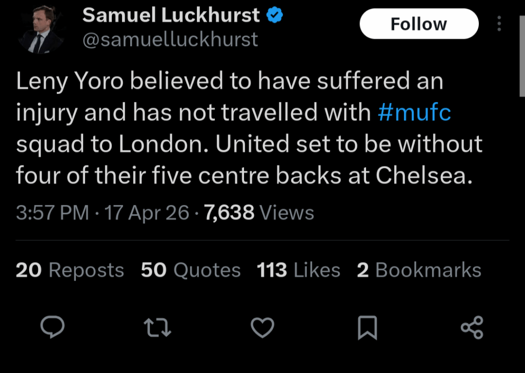[Samuel Luckhurst] Leny Yoro believed to have suffered an injury and has not travelled with #mufc squad to London. United set to be without four of their five centre backs at Chelsea.