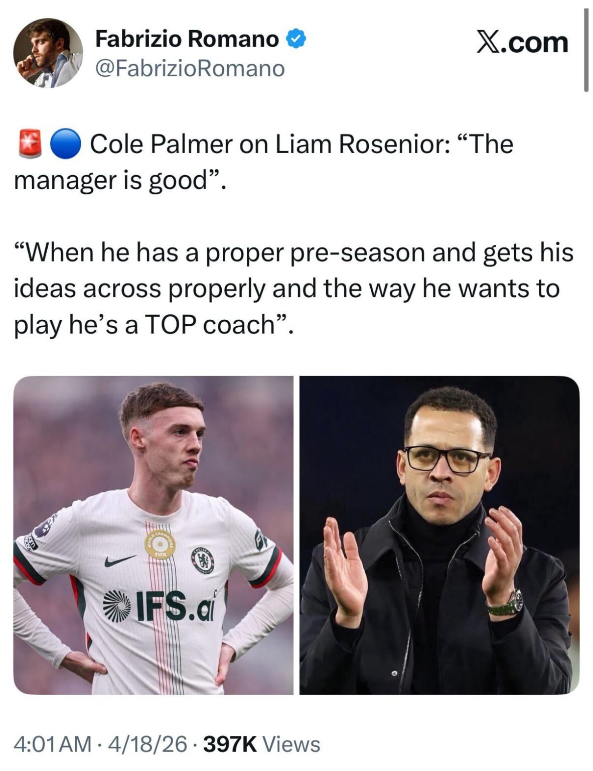 Cole Palmer on Liam Rosenior: “The manager is good. When he has a proper pre-season and gets his ideas across properly and the way he wants to play he’s a TOP coach”