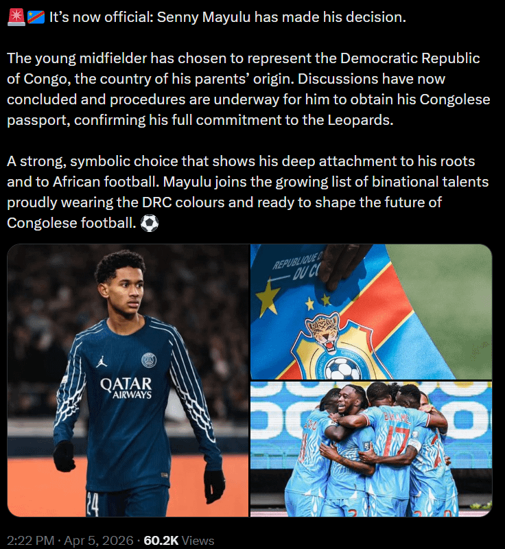 🚨🚨Senny Mayulu has made his decision to represent Democratic Republic of Congo, the country of his parents’ origin [via @topskillsportuk]