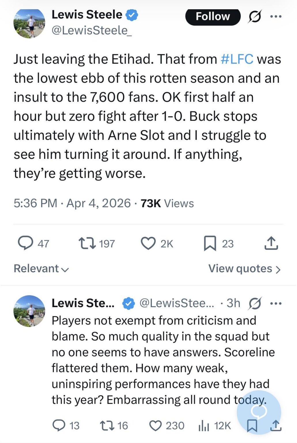 [Lewis Steele] Just leaving the Etihad. That from LFC was the lowest ebb of this rotten season and an insult to the 7,600 fans. OK first half an hour but zero fight after 1-0. Buck stops ultimately with Arne Slot and I struggle to see him turning it around. If anything, they’re getting worse.