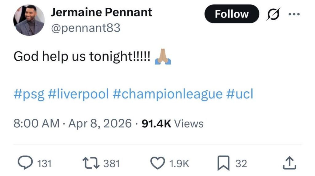 Former Liverpool player Jermaine Pennant: God help us tonight!!!!! 🙏🏽