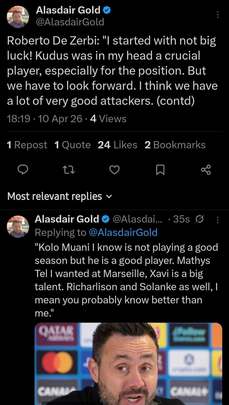(Gold) Roberto De Zerbi:"I started with not big luck! Kudus was in my head a crucial player, especially for the position. But we have to look forward.I think we have a lot of very good attackers.Kolo Muani I know is not playing a good season but he is a good player. (contd)