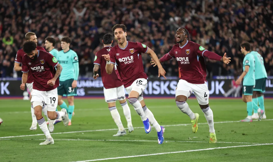 West Ham celebrate scoring against Wolves.