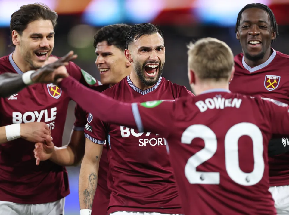 West Ham celebrate scoring against Wolves.
