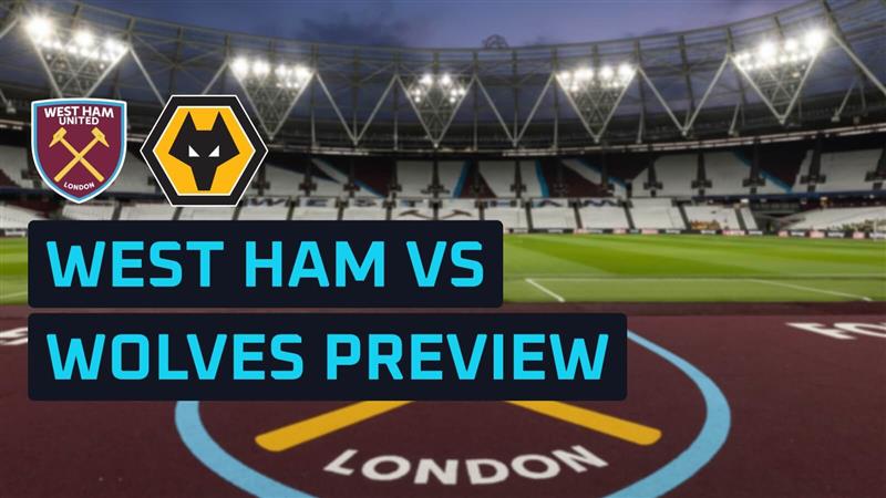 West Ham and Wolves badges on a backdrop of the London Stadium