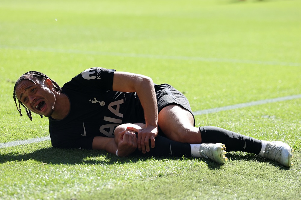Xavi Simons of Tottenham Hotspur reacts on the floor with a injury during the Premier League match between Wolverhampton Wanderers and Tottenham Hotspur at Molineux on April 25, 2026 in Wolverhampton, England. (Photo by Michael Steele/Getty Images)