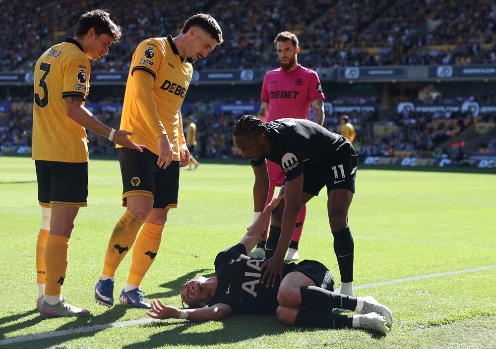 Xavi Simons of Tottenham Hotspur reacts on the floor with a injury during the Premier League match between Wolverhampton Wanderers and Tottenham Hotspur at Molineux on April 25, 2026 in Wolverhampton, England. (Photo by Michael Steele/Getty Images)