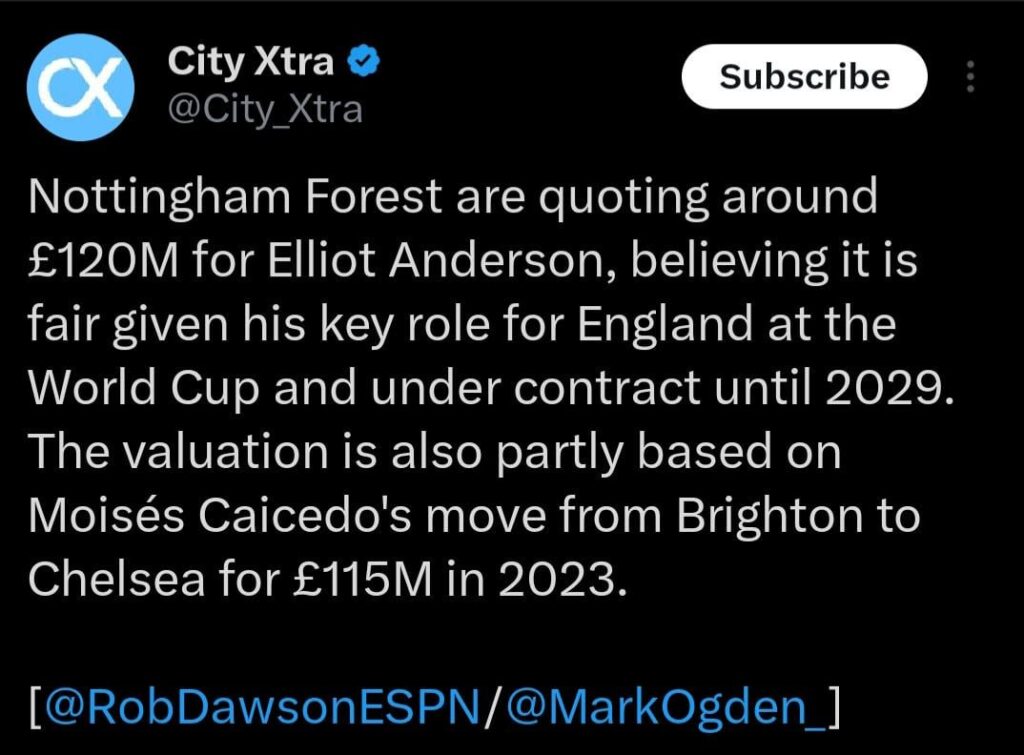 [ESPN] Nottingham Forest are quoting around £120M for Elliot Anderson, believing it is fair given his key role for England at the World Cup and under contract until 2029.