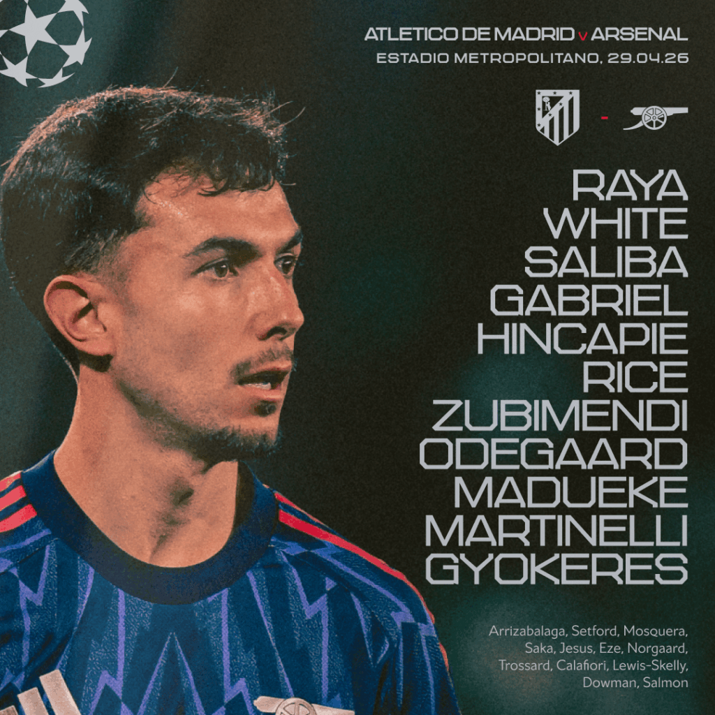 Our Starting XI to face Atleti in the UEFA Champions League semi-final, first leg: Raya; White, Saliba, Gabriel, Hincapie; Rice, Zubimendi, Odegaard, Madueke, Martinelli; Gyokeres 🫡